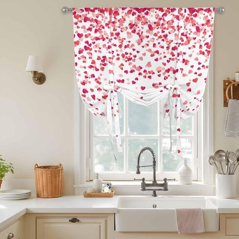 Pink Valentine's Day Tie Up Curtains for Window, Lover Heart Modern Art Romantic Thermal Insulated Balloon Shade Adjustable Rod Pocket Curtains Valance Panels for Kitchen Bathroom Café 52'' x 45'' in Saudi Arabia