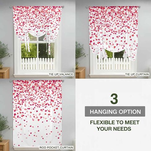Pink Valentine's Day Tie Up Curtains for Window, Lover Heart Modern Art Romantic Thermal Insulated Balloon Shade Adjustable Rod Pocket Curtains Valance Panels for Kitchen Bathroom Café 52'' x 45'' in Saudi Arabia