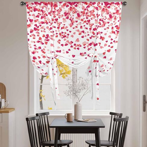 Pink Valentine's Day Tie Up Curtains for Window, Lover Heart Modern Art Romantic Thermal Insulated Balloon Shade Adjustable Rod Pocket Curtains Valance Panels for Kitchen Bathroom Café 52'' x 45'' in Saudi Arabia