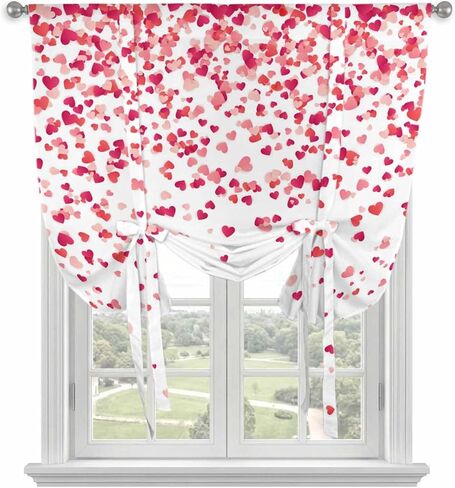 Pink Valentine's Day Tie Up Curtains for Window, Lover Heart Modern Art Romantic Thermal Insulated Balloon Shade Adjustable Rod Pocket Curtains Valance Panels for Kitchen Bathroom Café 52'' x 45'' in Saudi Arabia