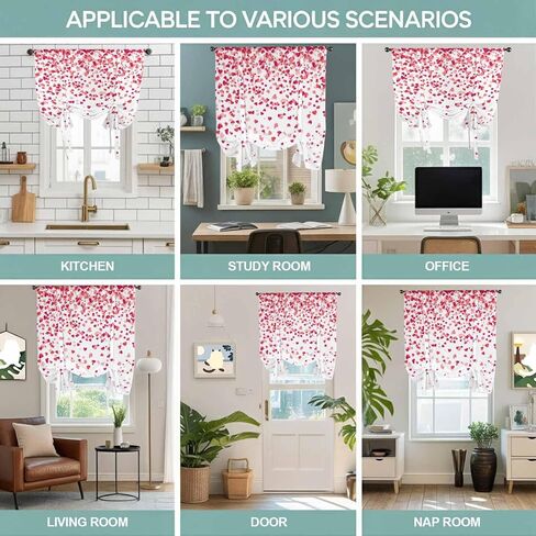 Pink Valentine's Day Tie Up Curtains for Window, Lover Heart Modern Art Romantic Thermal Insulated Balloon Shade Adjustable Rod Pocket Curtains Valance Panels for Kitchen Bathroom Café 52'' x 45'' in Saudi Arabia