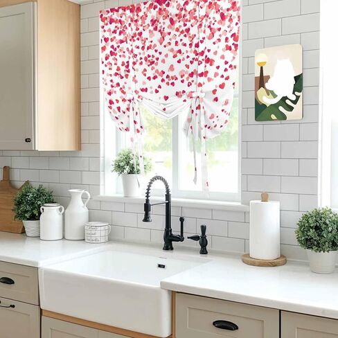 Pink Valentine's Day Tie Up Curtains for Window, Lover Heart Modern Art Romantic Thermal Insulated Balloon Shade Adjustable Rod Pocket Curtains Valance Panels for Kitchen Bathroom Café 52'' x 45'' in Saudi Arabia