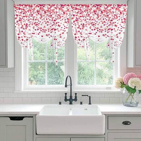 Pink Valentine's Day Tie Up Curtains for Window, Lover Heart Modern Art Romantic Thermal Insulated Balloon Shade Adjustable Rod Pocket Curtains Valance Panels for Kitchen Bathroom Café 52'' x 45'' in Saudi Arabia