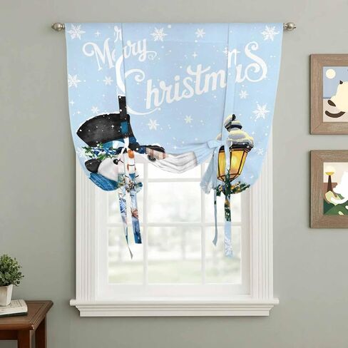 Light Blue Snowman Christmas Tie Up Curtains for Window, Xmas Gifts Wreath Snowflake Thermal Insulated Balloon Shade Adjustable Rod Pocket Curtains Valance Panels for Kitchen Bathroom Café 52'' x 45'' in Saudi Arabia