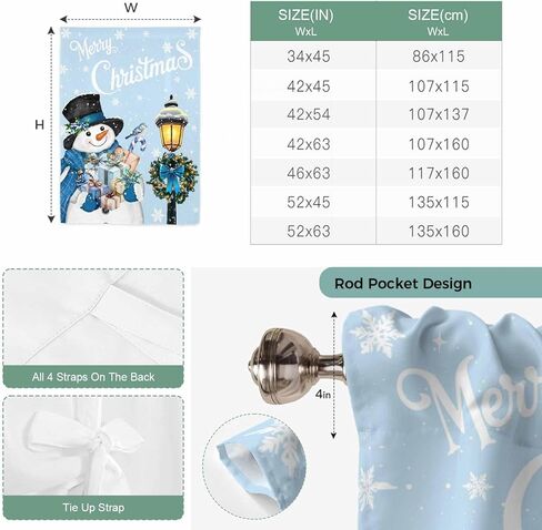Light Blue Snowman Christmas Tie Up Curtains for Window, Xmas Gifts Wreath Snowflake Thermal Insulated Balloon Shade Adjustable Rod Pocket Curtains Valance Panels for Kitchen Bathroom Café 52'' x 45'' in Saudi Arabia