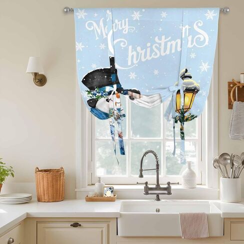 Light Blue Snowman Christmas Tie Up Curtains for Window, Xmas Gifts Wreath Snowflake Thermal Insulated Balloon Shade Adjustable Rod Pocket Curtains Valance Panels for Kitchen Bathroom Café 52'' x 45'' in Saudi Arabia