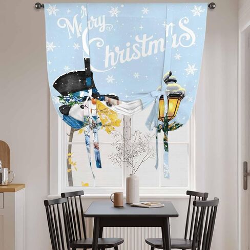 Light Blue Snowman Christmas Tie Up Curtains for Window, Xmas Gifts Wreath Snowflake Thermal Insulated Balloon Shade Adjustable Rod Pocket Curtains Valance Panels for Kitchen Bathroom Café 52'' x 45'' in Saudi Arabia