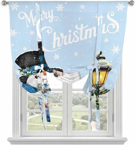 Light Blue Snowman Christmas Tie Up Curtains for Window, Xmas Gifts Wreath Snowflake Thermal Insulated Balloon Shade Adjustable Rod Pocket Curtains Valance Panels for Kitchen Bathroom Café 52'' x 45'' in Saudi Arabia