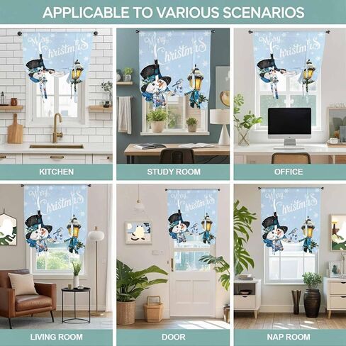 Light Blue Snowman Christmas Tie Up Curtains for Window, Xmas Gifts Wreath Snowflake Thermal Insulated Balloon Shade Adjustable Rod Pocket Curtains Valance Panels for Kitchen Bathroom Café 52'' x 45'' in Saudi Arabia