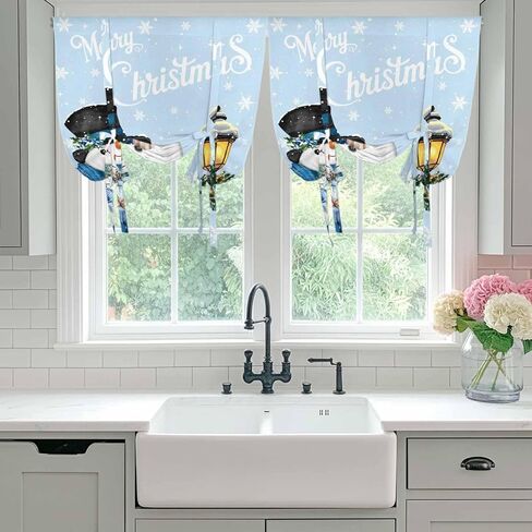 Light Blue Snowman Christmas Tie Up Curtains for Window, Xmas Gifts Wreath Snowflake Thermal Insulated Balloon Shade Adjustable Rod Pocket Curtains Valance Panels for Kitchen Bathroom Café 52'' x 45'' in Saudi Arabia