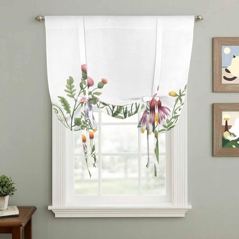 Spring Floral Tie Up Curtains for Window, Yellow Flowers Pastoral Botanical Watercolor Thermal Balloon Shade Adjustable Rod Pocket Curtains Valance Panels for Kitchen Bathroom Café 52'' x 45'' in Saudi Arabia