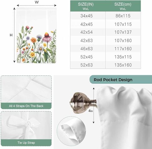 Spring Floral Tie Up Curtains for Window, Yellow Flowers Pastoral Botanical Watercolor Thermal Balloon Shade Adjustable Rod Pocket Curtains Valance Panels for Kitchen Bathroom Café 52'' x 45'' in Saudi Arabia
