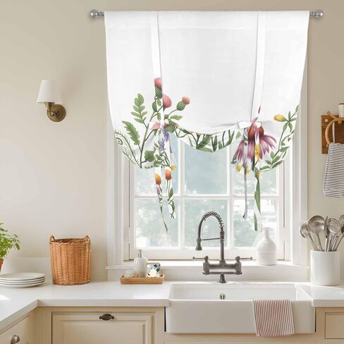 Spring Floral Tie Up Curtains for Window, Yellow Flowers Pastoral Botanical Watercolor Thermal Balloon Shade Adjustable Rod Pocket Curtains Valance Panels for Kitchen Bathroom Café 52'' x 45'' in Saudi Arabia