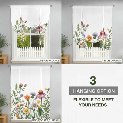 Spring Floral Tie Up Curtains for Window, Yellow Flowers Pastoral Botanical Watercolor Thermal Balloon Shade Adjustable Rod Pocket Curtains Valance Panels for Kitchen Bathroom Café 52'' x 45'' in Saudi Arabia