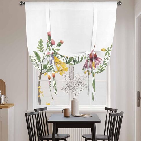 Spring Floral Tie Up Curtains for Window, Yellow Flowers Pastoral Botanical Watercolor Thermal Balloon Shade Adjustable Rod Pocket Curtains Valance Panels for Kitchen Bathroom Café 52'' x 45'' in Saudi Arabia