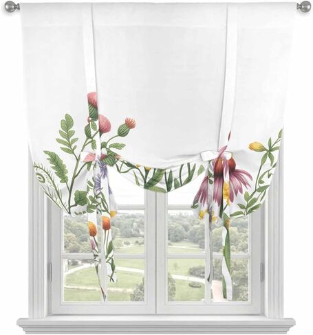 Spring Floral Tie Up Curtains for Window, Yellow Flowers Pastoral Botanical Watercolor Thermal Balloon Shade Adjustable Rod Pocket Curtains Valance Panels for Kitchen Bathroom Café 52'' x 45'' in Saudi Arabia