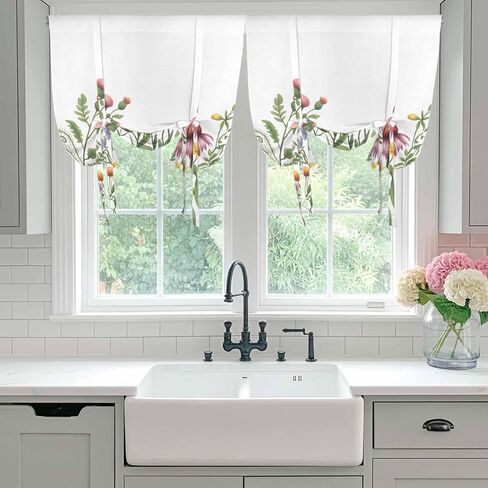 Spring Floral Tie Up Curtains for Window, Yellow Flowers Pastoral Botanical Watercolor Thermal Balloon Shade Adjustable Rod Pocket Curtains Valance Panels for Kitchen Bathroom Café 52'' x 45'' in Saudi Arabia