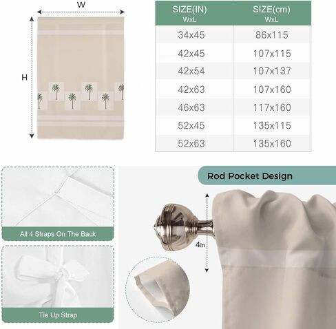 Tropical Palm Trees Tie Up Curtains for Window, Beach Coastal Plants Thermal Insulated Balloon Shade Adjustable Rod Pocket Curtains Valance Panels for Kitchen Bathroom Café 42'' x 63'' in Saudi Arabia