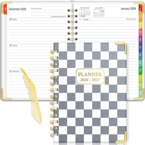 Daily Planner 2026-2027, 18 Month Planner with Tabs, January 2026 - June 2027 Weekly and Monthly Academic Year Calendar Spiral Time Management, 100GSM Thick Paper, Twin-Wire Binding, A5 Size, Checkered in Saudi Arabia