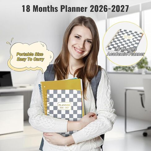 Daily Planner 2026-2027, 18 Month Planner with Tabs, January 2026 - June 2027 Weekly and Monthly Academic Year Calendar Spiral Time Management, 100GSM Thick Paper, Twin-Wire Binding, A5 Size, Checkered in Saudi Arabia