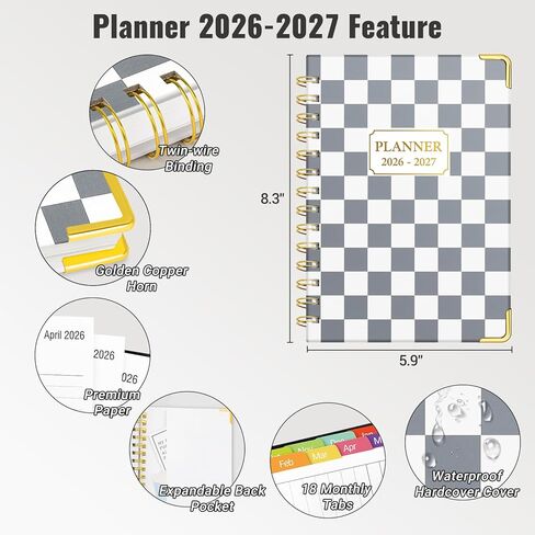 Daily Planner 2026-2027, 18 Month Planner with Tabs, January 2026 - June 2027 Weekly and Monthly Academic Year Calendar Spiral Time Management, 100GSM Thick Paper, Twin-Wire Binding, A5 Size, Checkered in Saudi Arabia