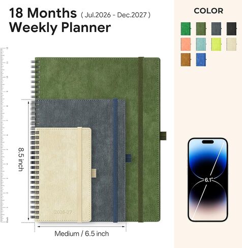 مخطط 2026-2027، مخطط أكاديمي يومي أسبوعي شهري، جدول أعمال حلزوني لمدة 18 شهرًا، 6.5 بوصة × 8.5 بوصة، تخطيط عمودي، مخطط تقويم، غطاء ناعم من الجلد النباتي، أخضر تفاحي in Kuwait