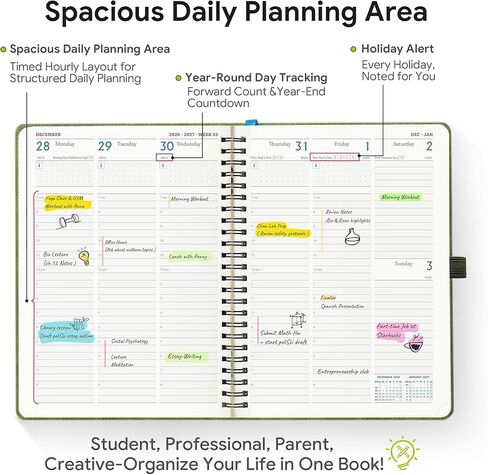 مخطط 2026-2027، مخطط أكاديمي يومي أسبوعي شهري، جدول أعمال حلزوني لمدة 18 شهرًا، 6.5 بوصة × 8.5 بوصة، تخطيط عمودي، مخطط تقويم، غطاء ناعم من الجلد النباتي، أخضر تفاحي in Kuwait