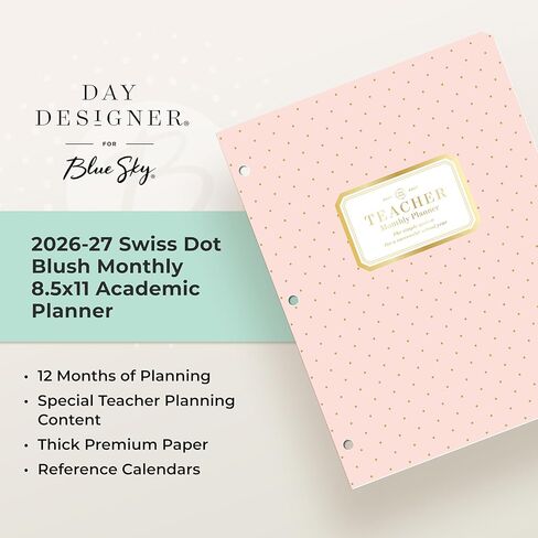 Blue Sky Day Designer 2026-2027 Monthly Academic Year Teacher Planner Calendar, July 2026 - June 2027, 8.5" x 11", Coated Paper Cover, Stapled Binding, Swiss Dot Blush in Saudi Arabia