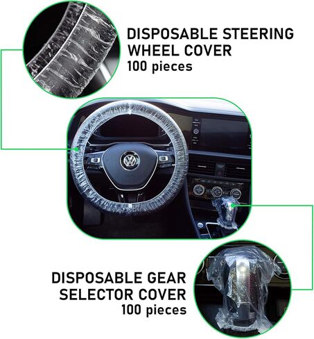 أغطية عجلة القيادة وأغطية محدد التروس للاستعمال مرة واحدة - مجموعة مكونة من 200 قطعة، لتفصيل السيارة، وغسيل السيارات، وإصلاح الخدمات الميكانيكية، ومحلات الهياكل، والإعداد لتأجير السيارات in Kuwait