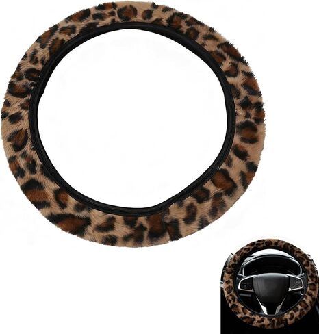 Fuzzy Car Steering Wheel Cover, 14.96" Elastic Leopard Print Steering Wheel Cover Without Inner Ring, Non-Slip Warm Car Interior Accessory, Universal for Most Trucks, SUVs (Coffee) in Kuwait