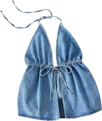 Remidoo Women's Denim Halter Top Self Tie Peplum Jean Sleeveless Crop Tank Tops in Kuwait