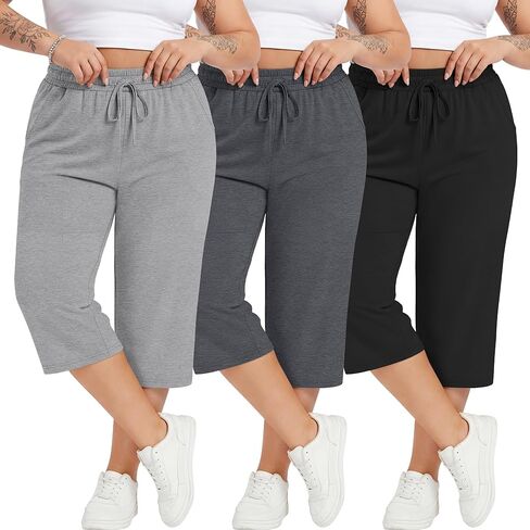 Neer 3 Pack Women's Plus Size Cotton Capris, Stretchy Wide Leg Cropped Pants with Pockets Loose Fit Lounge Pajama Sweatpants in Kuwait