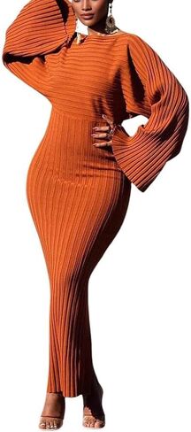 chouyatou Women's Sexy Bell Long Sleeve Sweater Dress Bodycon Ribbed Knit Maxi Pullover Sweater Dress in Saudi Arabia