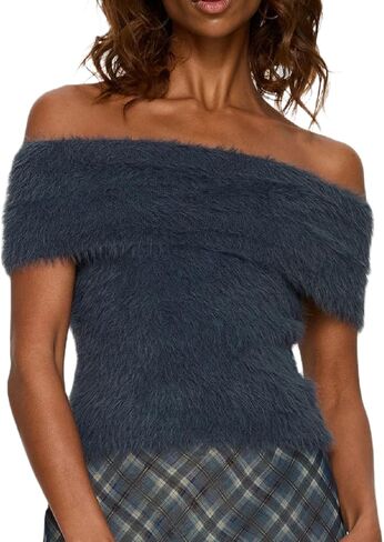Women Faux Fur Off Shoulder Tops Y2k Fuzzy Sleeveless Casual Top Spring Fall Knitted Sweaters in Saudi Arabia