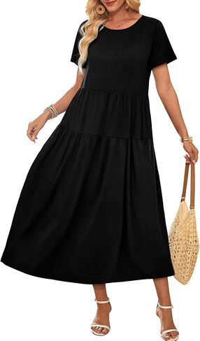 Maxi Dress Casual Dresses for Women Crew Neck Short Sleeve Tiered Dress with Pockets in Saudi Arabia
