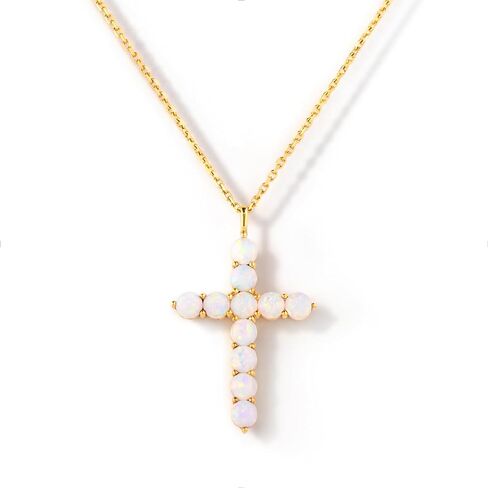 STORYJEWELLERY Cross Necklace for Women, Gold Plated Cross Pendant, White Lab Grown Opal Necklace, Christian Jewelry for Women, Confirmation Baptism and Easter Gifts in Saudi Arabia