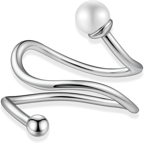 لؤلؤة فضية لولبية ملفوفة بحلقة مفتوحة، حلقة فريدة قابلة للتعديل للنساء in Kuwait