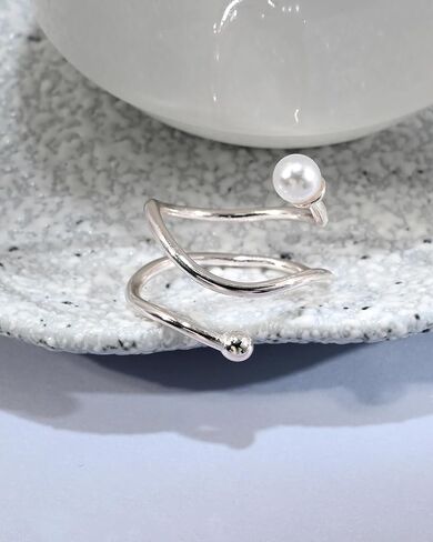 لؤلؤة فضية لولبية ملفوفة بحلقة مفتوحة، حلقة فريدة قابلة للتعديل للنساء in Kuwait