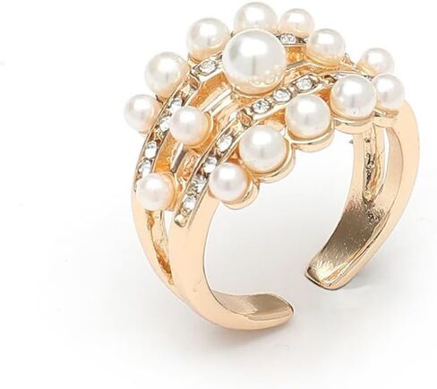 Gold Pearl Ring for Women Vintage Chunky Pearl Cluster Ring Adjustable Pearl Crystal Ring Trendy Diamond Pearl Wings Ring Statement Ring Joint Ring Elegant Clothing Jewelry for Her in Kuwait