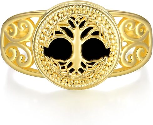 14K Yellow Gold Tree of Life Ring 925 Sterling Silver Black Onyx Tree of Life Ring Tree of Life Jewelry Gifts for Women Men Size 7-9 in Saudi Arabia