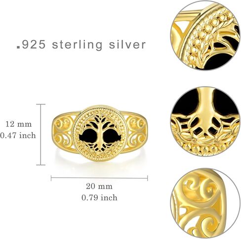 14K Yellow Gold Tree of Life Ring 925 Sterling Silver Black Onyx Tree of Life Ring Tree of Life Jewelry Gifts for Women Men Size 7-9 in Saudi Arabia