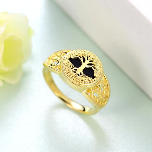 14K Yellow Gold Tree of Life Ring 925 Sterling Silver Black Onyx Tree of Life Ring Tree of Life Jewelry Gifts for Women Men Size 7-9 in Saudi Arabia