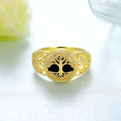 14K Yellow Gold Tree of Life Ring 925 Sterling Silver Black Onyx Tree of Life Ring Tree of Life Jewelry Gifts for Women Men Size 7-9 in Saudi Arabia