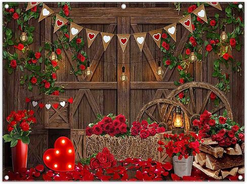 Zthmoe 7x5ft Polyester Valentine's Day Rustic Barn Door Red Rose Photography Backdrop Romantic Wooden House Background Vintage Banner Light Decorations زوجين من الدعائم in Saudi Arabia