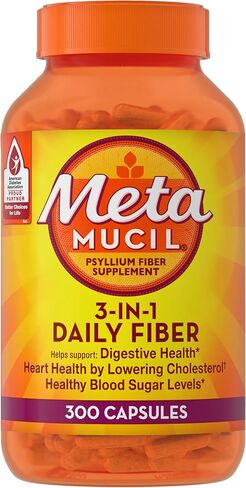 Metamucil, Daily Psyllium Husk Powder Supplement, 3-in-1 Fiber for Digestive Health, Plant Based Fiber, 300ct Capsules in Kuwait