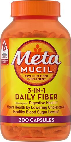 Metamucil, Daily Psyllium Husk Powder Supplement, 3-in-1 Fiber for Digestive Health, Plant Based Fiber, 300ct Capsules in Kuwait