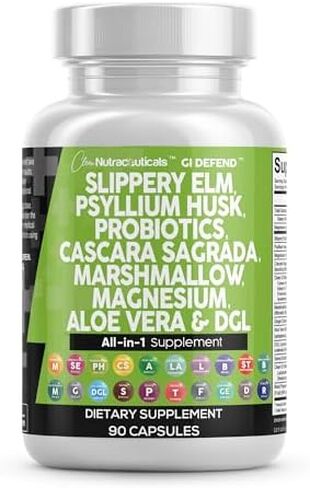 Slippery Elm 5000mg Psyllium Husk 2000mg Pre Probiotic Digestive Gut Health Supplement with Aloe Vera Cascara Sagrada 2000mg Marshmallow Root DGL Licorice Senna Extract Magnesium - Made in USA 90 Ct in Kuwait
