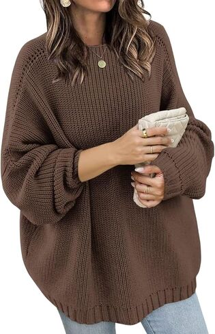 Wkior Women's Casual Sweater Loose Crewneck Knit Long Sleeve Solid Chunky Fall Pullover Sweaters Jumper Tops in Saudi Arabia