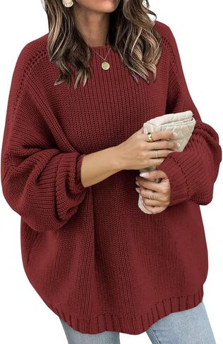 Wkior Women's Casual Sweater Loose Crewneck Knit Long Sleeve Solid Chunky Fall Pullover Sweaters Jumper Tops in Saudi Arabia
