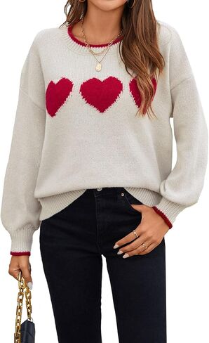 Womens Valentine Cute Heart Oversized Crew Neck Sweater Spring 2026 Dressy Casual Long Sleeve Pullover Sweaters in Kuwait